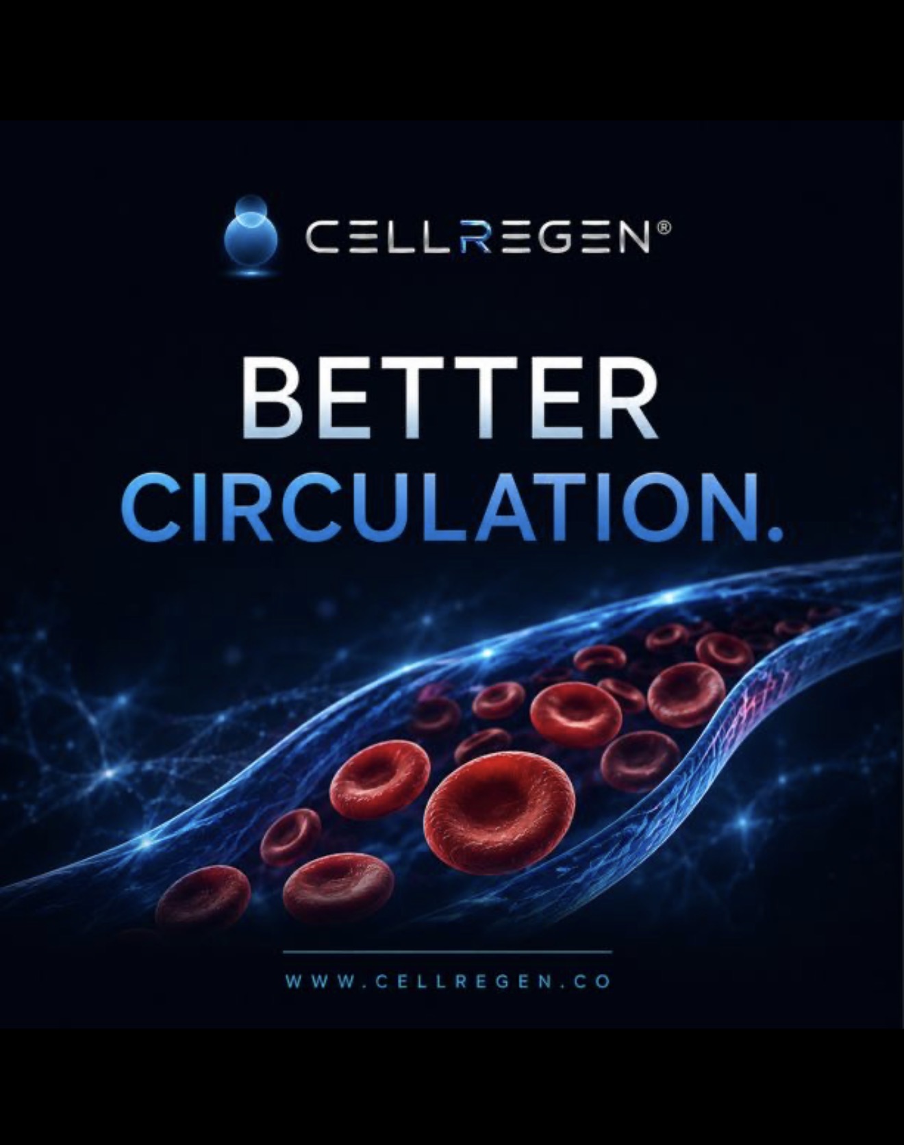 CellRegen social post about better circulation with red blood cells in a vessel