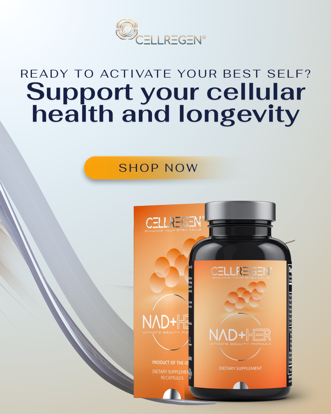 CellRegen NAD+HER product creative with a shop now call to action