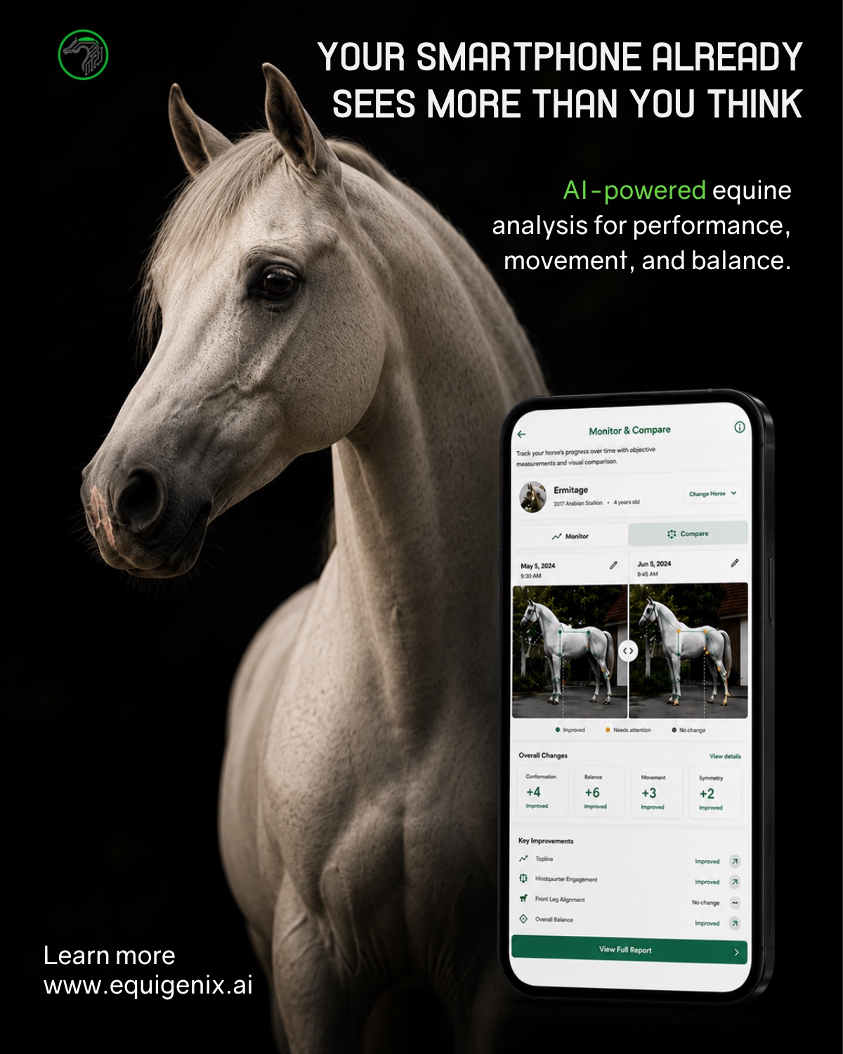 Equigenix campaign with horse photography and a smartphone interface