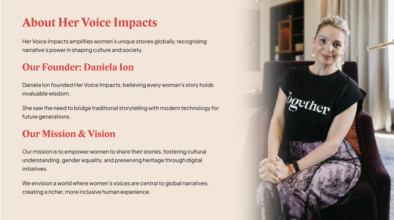 Her Voice Impacts About page featuring founder Daniela Ion and the brand mission