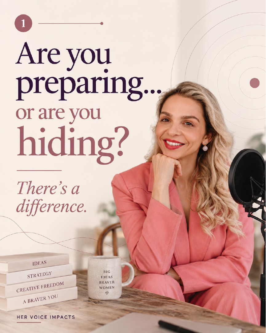 Her Voice Impacts carousel opening slide asking whether you are preparing or hiding